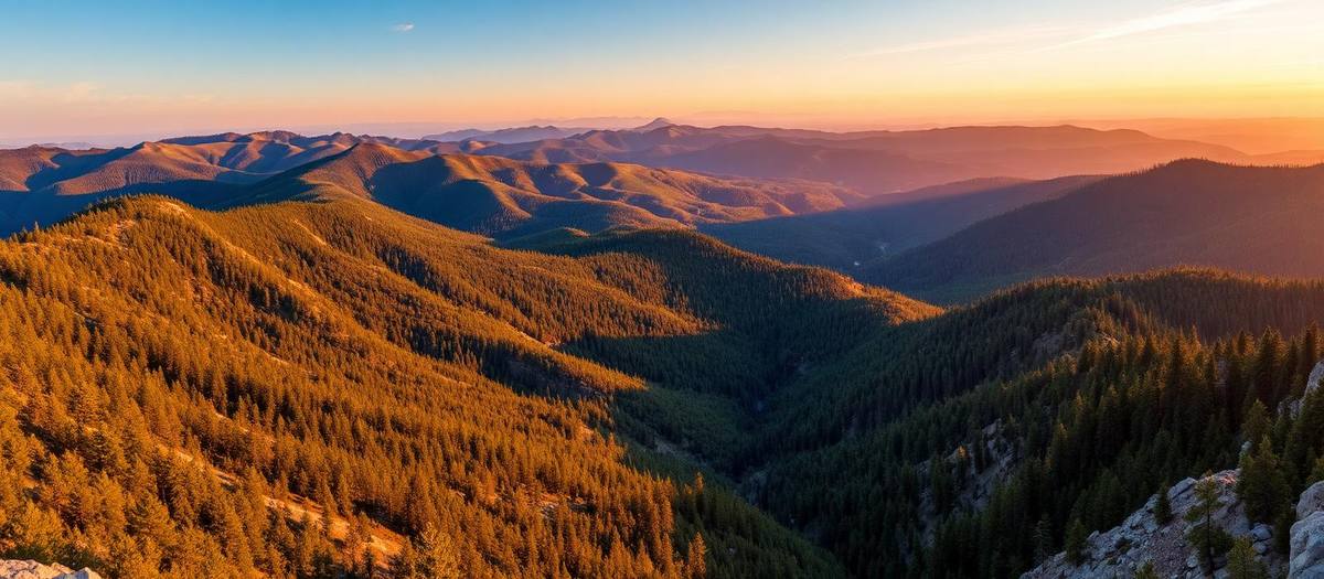 Pine-covered ridges of the Black Hills of South Dakota at golden hour